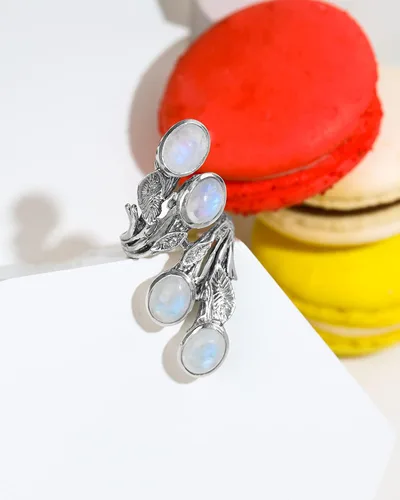 Miniatura 3 de YoTreasure Natural Labradorite Moonstone Green Onyx Solid 925 Sterling Silver Innovative Leaf Vine Design Ring