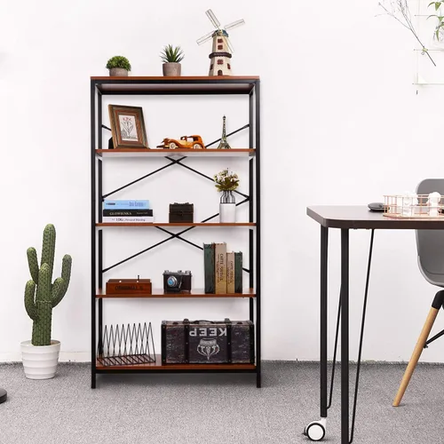 Miniatura 5 de BATHWA Estantería alta, estantería abierta moderna y ancha para libros, estantería industrial de metal de madera, estantería de muebles, estantería