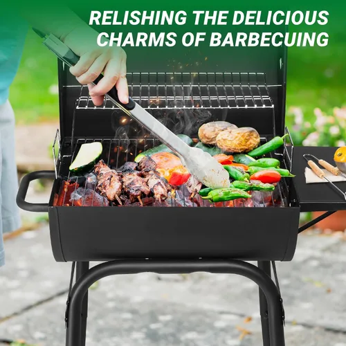 Miniatura 5 de Outvita Asador de carbón en barril con rejilla para calentar, parrilla de barbacoa al aire libre con mesa lateral delantera con amplia área