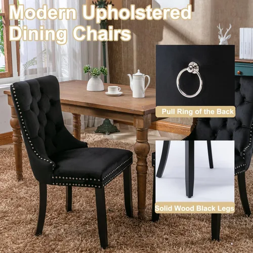 Miniatura 7 de Juego de mesa de comedor extensible de 5 piezas con 4 sillas de tela, mesa extensible marrón con base negra, juego moderno de comedor de madera