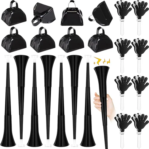 Jenaai - 24 piezas de regalos de equipo de animadoras, plegables a granel, cuernos de estadio, cencerros de metal, accesorios de espíritu de Negro