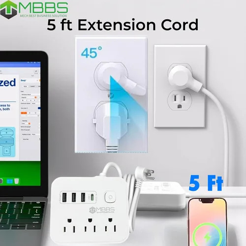 Miniatura 7 de Regleta protectora contra sobretensiones con USB C, protección 1200J, cable de extensión resistente, (7 en 1), 3 salidas de CA, 4 puertos USB, Blanco