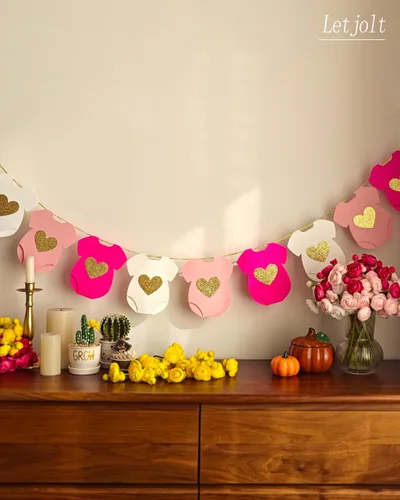 Miniatura 2 de Guirnalda de papel rosa para baby shower, de manga corta, body de tendedero para revelación de género, pancarta de cumpleaños, traje de bebé