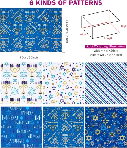 Miniatura 2 de RUSPEPA Hojas de papel de regalo de Hanukkah, estrella de David, menorá, feliz Hanukkah y diseño de rayas, papel de regalo azul y dorado
