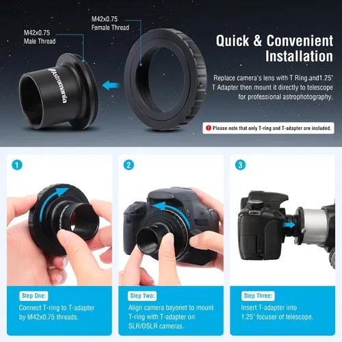 Miniatura 5 de Adaptador de cámara para telescopio Astromania, anillo T2 T y adaptador T M42x0.75 rosca macho a adaptador fotográfico de telescopio de 3.17 cm