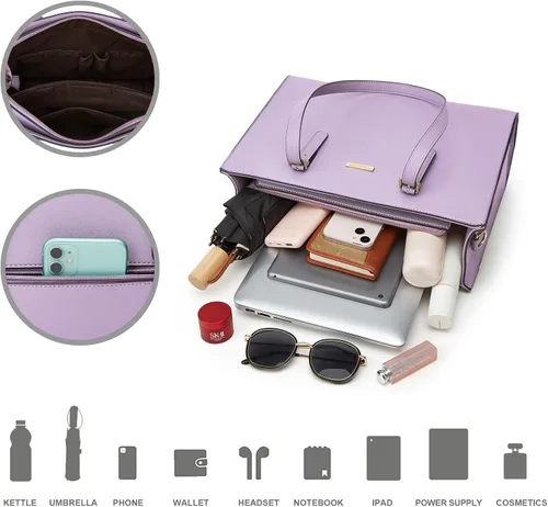 Miniatura 18 de Juego de 4 bolsas modernos para mujer de cuero sintético: bolso tote, bolso de hombro, bolso de mano y cartera.