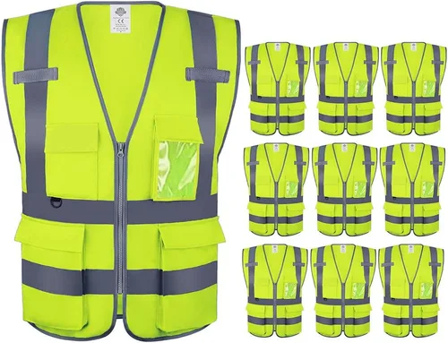 Dazonity Chaleco de seguridad de alta visibilidad con múltiples bolsillos y cremallera, paquete de 10, tiras reflectantes, apto para hombres y