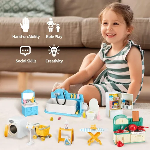 Miniatura 10 de TAKIHON Muebles para Casa de Muñecas, Juego de Juguetes de Cocina y Baño, Juego de Refrigerador y Lavadora para Niños, Accesorios en Miniatura