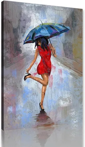 Lienzo abstracto moderno para pared, póster de niña en vestido rojo caminando con paraguas azul, obra de arte para la decoración de pared de la