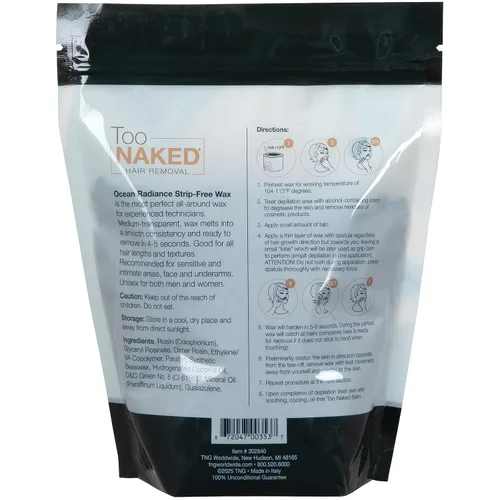 Miniatura 2 de Too Naked Hair Removal Ocean Radiance - Cera sin tiras, transparencia media con consistencia suave, hipoalergénica para áreas sensibles, sin