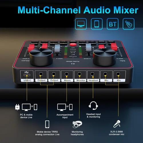 Miniatura 6 de Mezclador de audio, placa de sonido para transmisión en vivo, canto y juegos en PC/teléfono, interfaz de audio para micrófono de 3.5 mm, tarjeta