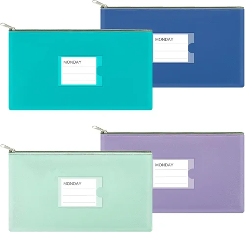 Miniatura 15 de Paquete de 4 bolsas de dinero para depósitos bancarios, cartera de cuero sintético resistente con cremallera con ventana transparente, bolsa
