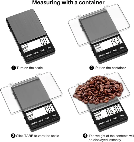 Miniatura 4 de MAXUS Báscula de café espresso con temporizador de 35.27 oz/0.00 oz, báscula barista pequeña y práctica, bandeja de goteo para preparar café, LCD