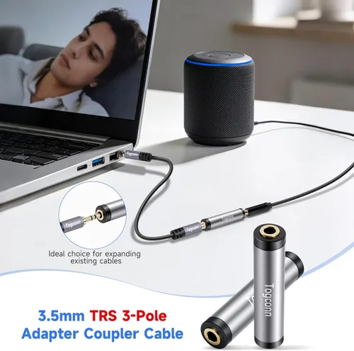 Miniatura 3 de Paquete de 2 acopladores de audio auxiliar TRS de 1/8 de pulgada y 0.138 in, conector de audio estéreo TRS hembra a hembra chapado en oro, conector