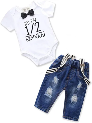 Conjunto de ropa de cumpleaños para niño pequeño de Pinleck, incluye camisa con corbatín, body con tiradores y pantalones de mezclilla rasgados