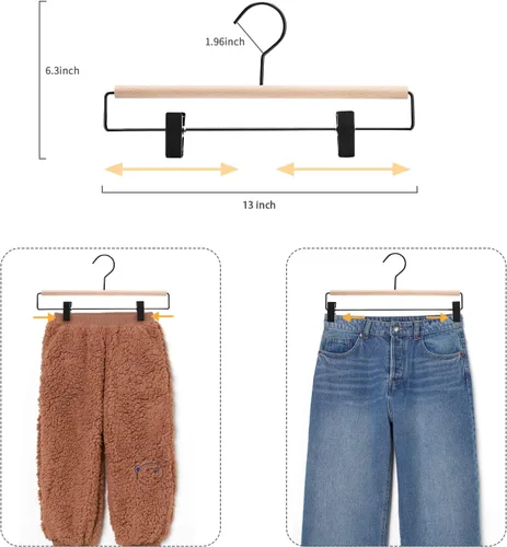 Miniatura 2 de Nature Smile Percha de madera de haya para pantalones de mezclilla con 2 clips negros mate ajustables y gancho, paquete de 10