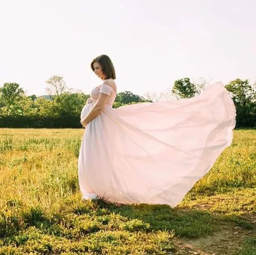 Miniatura 6 de ZIUMUDY Vestido de gasa de maternidad de manga corta con frente cruzado para fotografía de baby shower