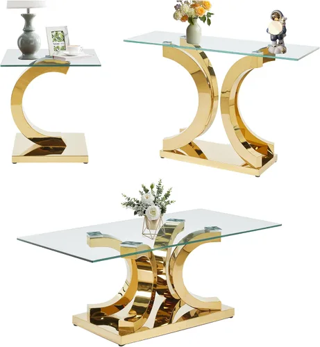 Miniatura 45 de SSLine Mesa auxiliar de cristal de lujo para sala de estar, mesa auxiliar moderna dorada con base de pedestal de acero inoxidable en forma de flor