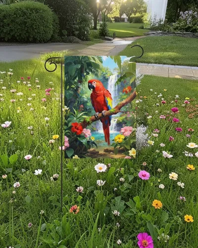 Miniatura 3 de Bandera de jardín con diseño de pájaros, loro y guacamayo, flores en verano, primavera, bosque tropical, jardín, patio, 12 x 18 pulgadas, banderas