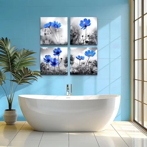 Miniatura 6 de Arte de pared para dormitorio, flor azul cian en blanco y negro, decoración de pared para decoración del hogar, pintura de arte de 12 x 12 pulgadas