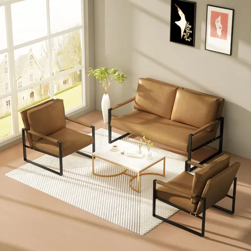 Miniatura 7 de Lamerge Sofá biplaza, sofá moderno de cuero de 2 plazas, sofá de mediados de siglo tapizado, sillón decorativo para sala de estar con marco