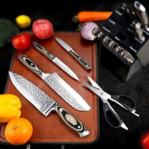 Miniatura 6 de Juego de cuchillos para cocina, juego de cuchillos de diseño martillado de 15 piezas con bloque y afilador, cuchillos de chef de acero inoxidable
