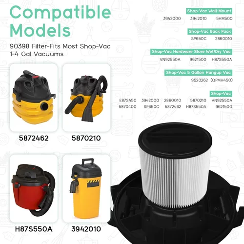 Miniatura 7 de Filtro de repuesto HEPA 90398 – Paquete de 2 filtros de vacío de cartucho pequeño apto para aspiradora Shop-Vac 90398/118692, 9039800, 903-98