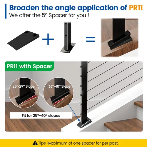 Miniatura 5 de Muzata Poste Negro Inclinado de Barandilla de Cable de 36 Pulgadas para Pendiente de 25 a 40 Grados 36"x1"x2" Kit de Sistema de Barandilla de Cable