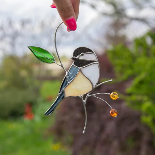 Miniatura 7 de Atrapasoles de Vidrio Emplomado Hechos a Mano de Carbonero Gift Birds, Vidrio Emplomado Genuino para Ventana Colgante, Ornamento Único