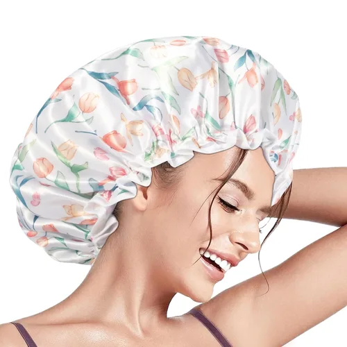 Miniatura 10 de Aquior Gorro de ducha para mujer, impermeable, reutilizable, con elástico suave, tamaño grande para cabello largo, bonito gorro de baño para ducha