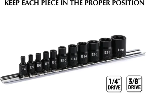 Miniatura 4 de EMENTOL Juego de llaves de vaso E-Torx con riel, CR-V, 1/4" y 3/8" Drive, hembra Torx Star Socket Set, E4 - E20