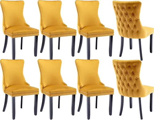 Miniatura 19 de Juego de 4 sillas de comedor de terciopelo, sillas de comedor tapizadas con respaldo de alas altas con ribete de cabeza de clavo, patas de madera