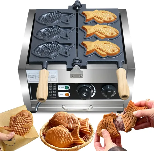Taiyaki - Máquina para hacer gofres de pescado, 3 unidades antiadherentes para hacer gofres eléctricos Taiyaki Baker con forma de pez, acero