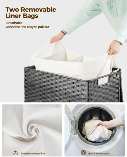 Miniatura 4 de GREENSTELL Cesta para ropa sucia con ruedas y tapa, 130 L, cesta grande de 3 secciones con 2 tipos de bolsas de forro extraíbles, 5 bolsas de malla