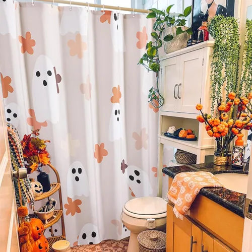 Miniatura 3 de Juego de cortina de ducha de baño con fantasmas florales con ganchos, cortinas de ducha de tela resistente de 180 GSM, 72 x 72 pulgadas, bonita