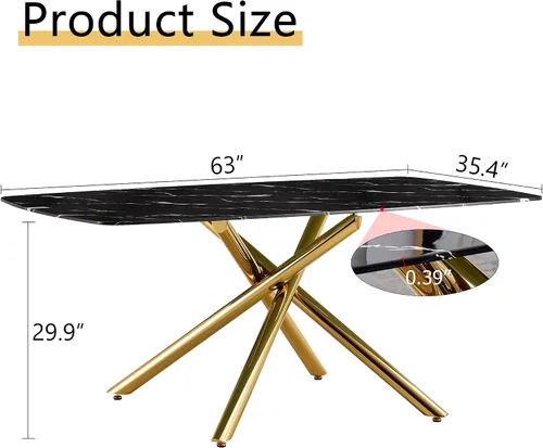 Miniatura 2 de Juego de mesa de comedor moderna para mesa de comedor negra de 4,63 pulgadas, juego de 4 con patas de metal dorado, mesa de cocina rectangular