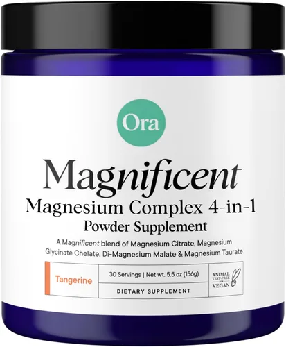 Ora Organic Suplemento en polvo de complejo de magnesio - Magnesio 4 en 1: glicinato, taurato, malato y citrato | vegano, sin gluten | Sabor a