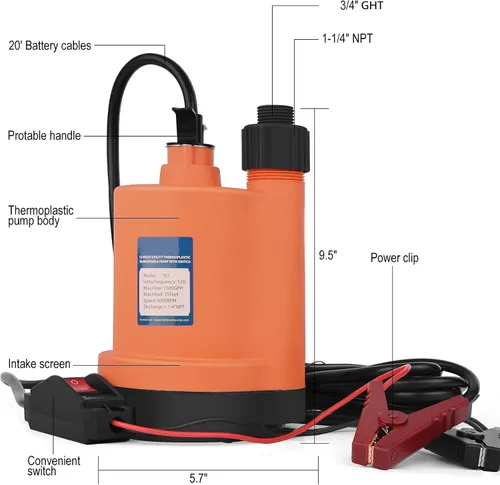 Miniatura 3 de Bomba de agua Bomba sumergible DC 12V Bomba de sumidero 1500 GPH Bomba de utilidad con interruptor-naranja
