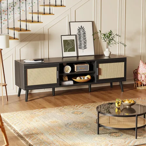 Miniatura 5 de SUPERJARE Soporte de TV para TV de 65 pulgadas, centro de entretenimiento con estante ajustable, consola de TV de ratán con 2 gabinetes, consola