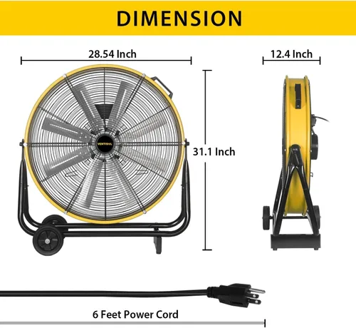 Miniatura 2 de VENTISOL Ventilador de tambor industrial de alta velocidad de 24 pulgadas, ventiladores de metal resistente, 8 cuchillas, 3 velocidades, 8600 CFM