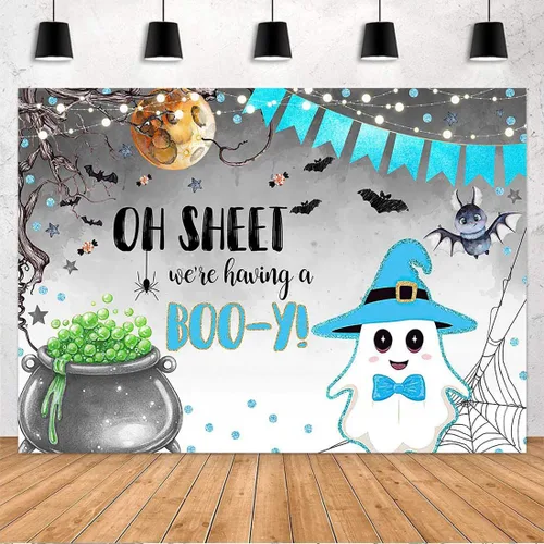 Miniatura 2 de Avezano Telón de fondo de Halloween para baby shower, con texto en inglés "We Having a Boo-y", lindo fantasma azul, decoración de baby shower