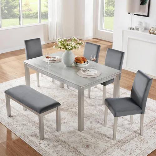 Miniatura 16 de LUMISOL - Juego de mesa de comedor de madera maciza con 4 sillas tapizadas y banco para cocina, comedor, sala de estar, gris plateado