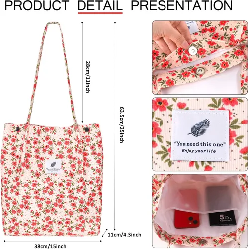 Miniatura 35 de Ayieyill - Bolsa de pana para mujer y niña, con correa de lona para colgar al hombro, bolsa con bolsillo