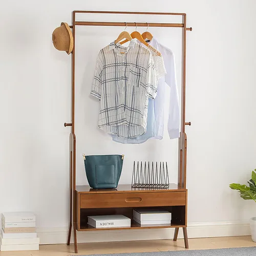 Miniatura 10 de Perchero de bambú con espejo y cajones, colgador de ropa de madera independiente con ganchos, perchero resistente con estantes, organizador