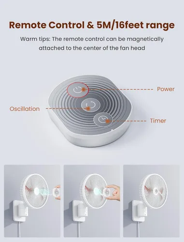 Miniatura 5 de Ventilador oscilante silencioso de pared de 8.5 pulgadas con control remoto y temporizador, 4 velocidades ajustables para baños pequeños, Marco