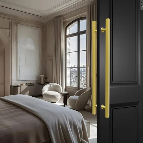 Miniatura 3 de Manijas Cuadradas de Titanio Dorado para Puerta de Granero 12"/24"/36"/48"/59", Manija Larga de Puerta Francesa de Empujar y Tirar de Doble Cara