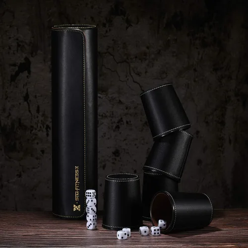 Miniatura 4 de Juego de tazas de cuero para dados, 5 tazas de dados negros + 25 dados + funda exclusiva de almacenamiento y transporte hecha de piel sintética