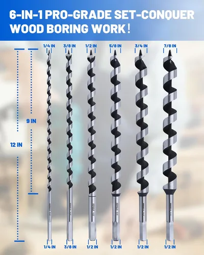 Miniatura 3 de Juego de brocas de taladro de 12 pulgadas para madera, 6 brocas largas de 1/4 a 7/8 pulgadas, brocas de punta de tornillo de alimentación automática