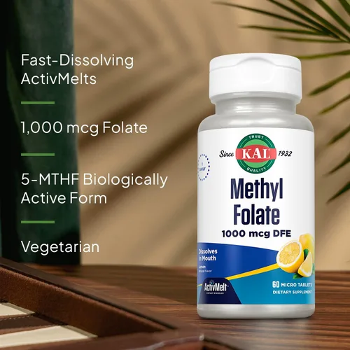 Miniatura 4 de KAL Folato de metilo 1000 mcg - Forma activa de 5-MTHF, suplemento de ácido fólico para mujeres y hombres, salud cardíaca, prenatal, apoyo cerebral