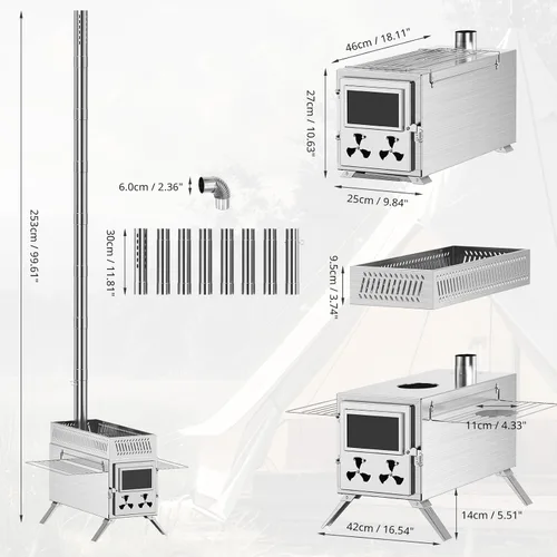 Miniatura 8 de Estufa de Sauna de Leña Mejorada para Tienda Caliente, Estufa de Leña para Tienda 2 en 1 con Tubo de Chimenea para Calentamiento al Aire Libre